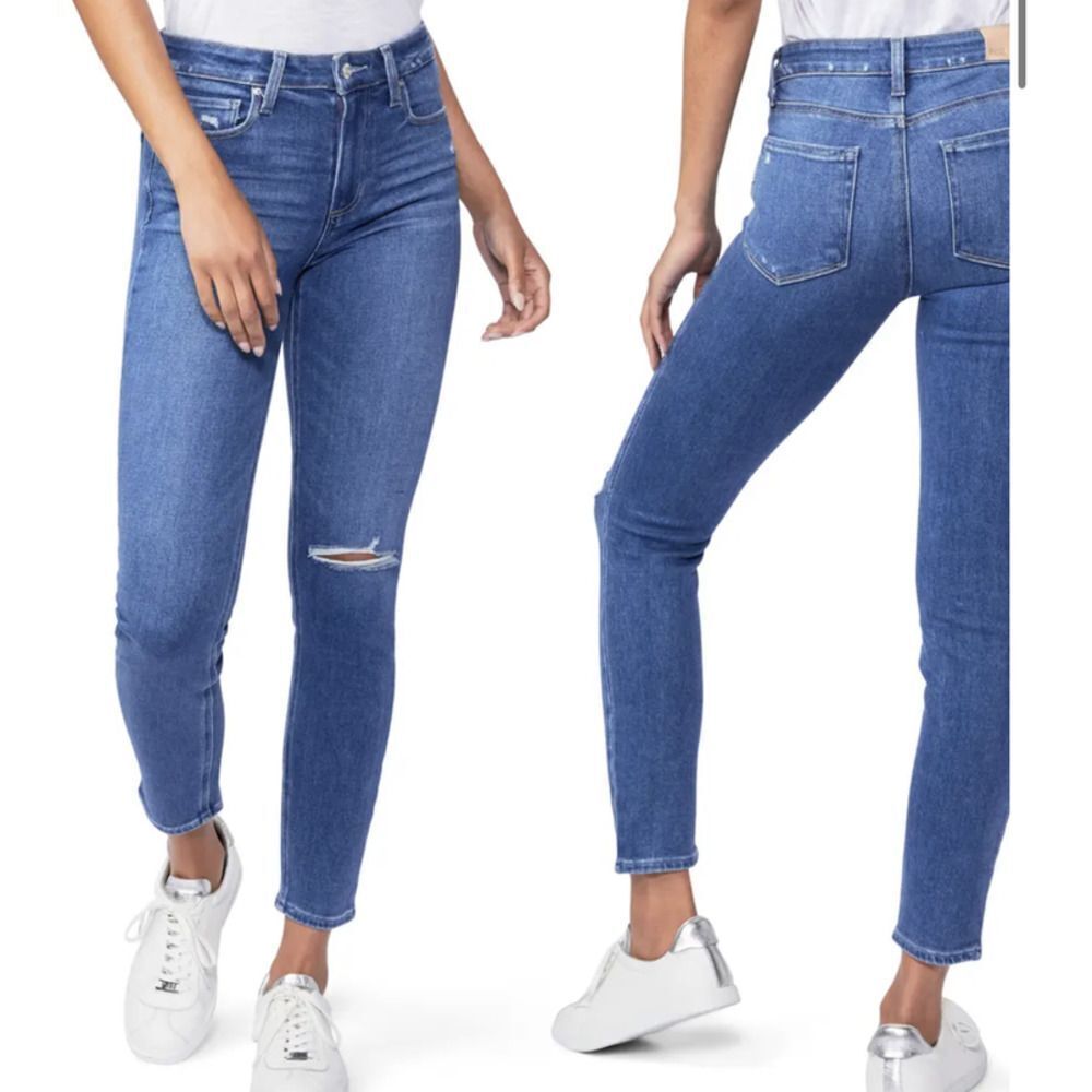 Paige Women’s Ripped Hoxton Ankle Skinny Jeans In Blue Sz 32